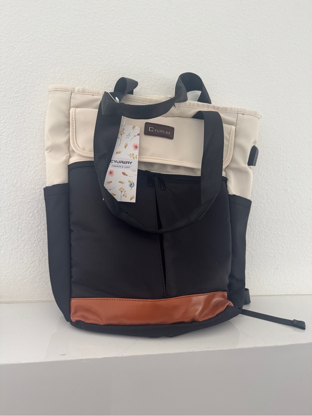 Two-Tone Black and Cream Tote Backpack